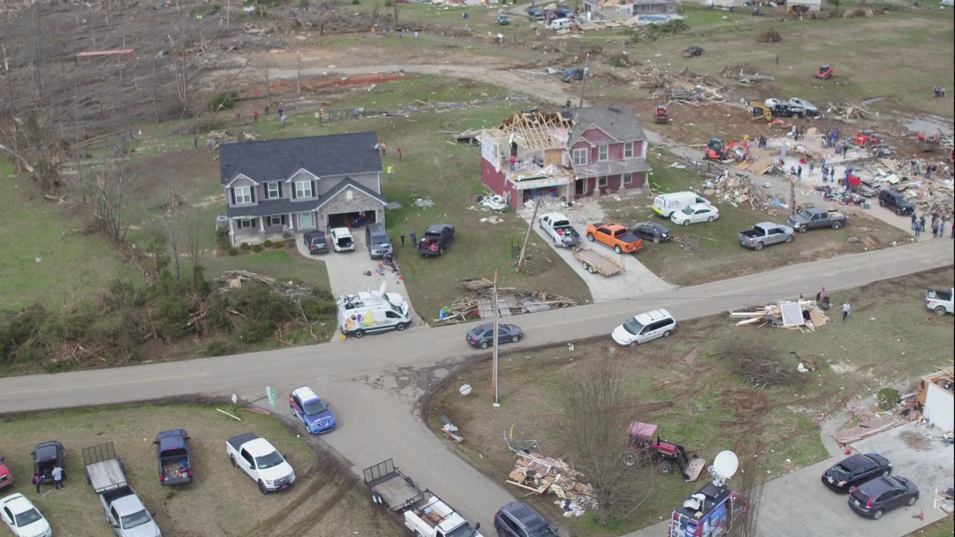 Aerials of tornado damage in Putnam County tornado damage - 3/4/2020