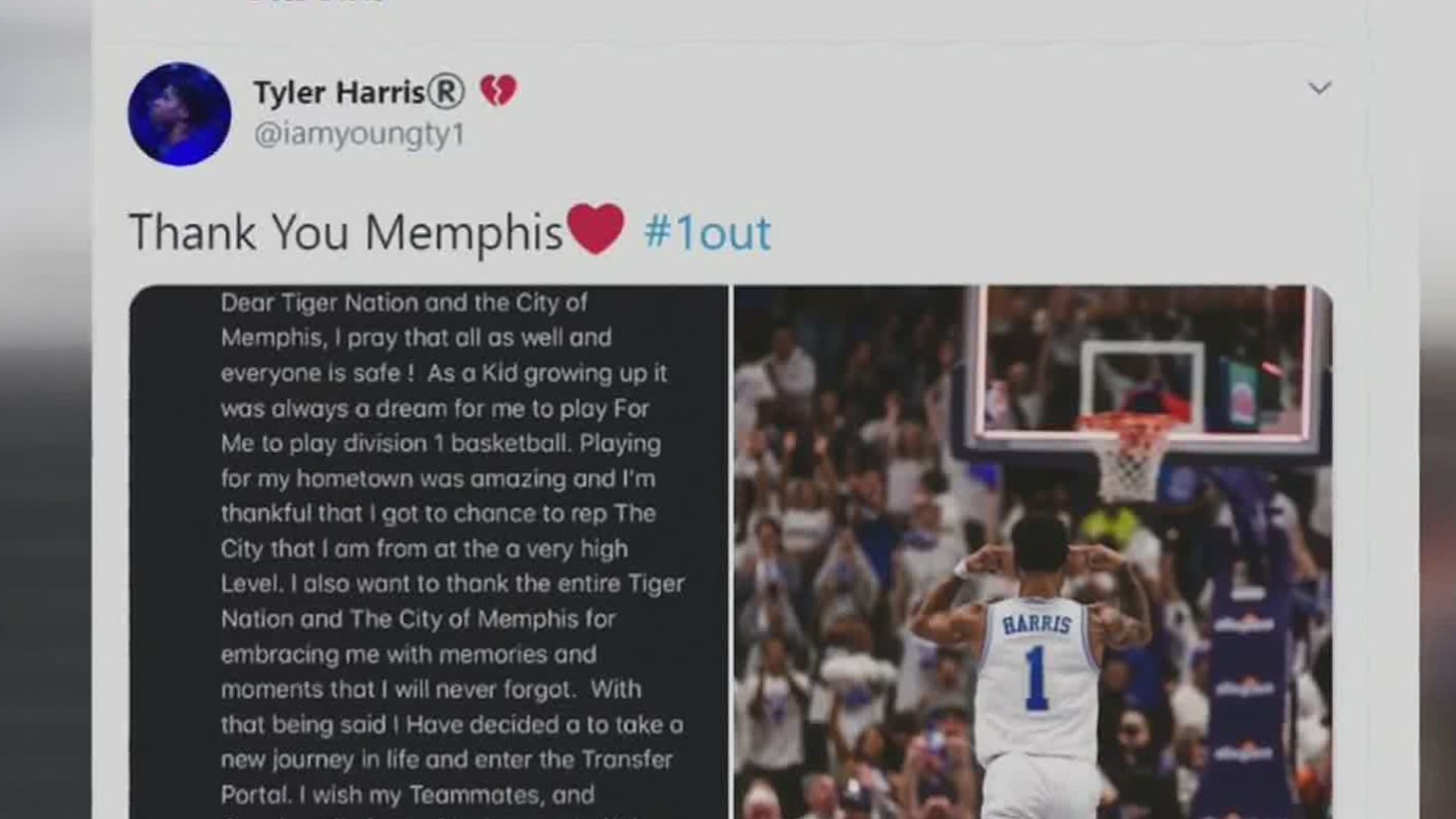 Memphis sophomore guard Tyler Harris has announced he will enter the transfer portal, he announced on Twitter.
