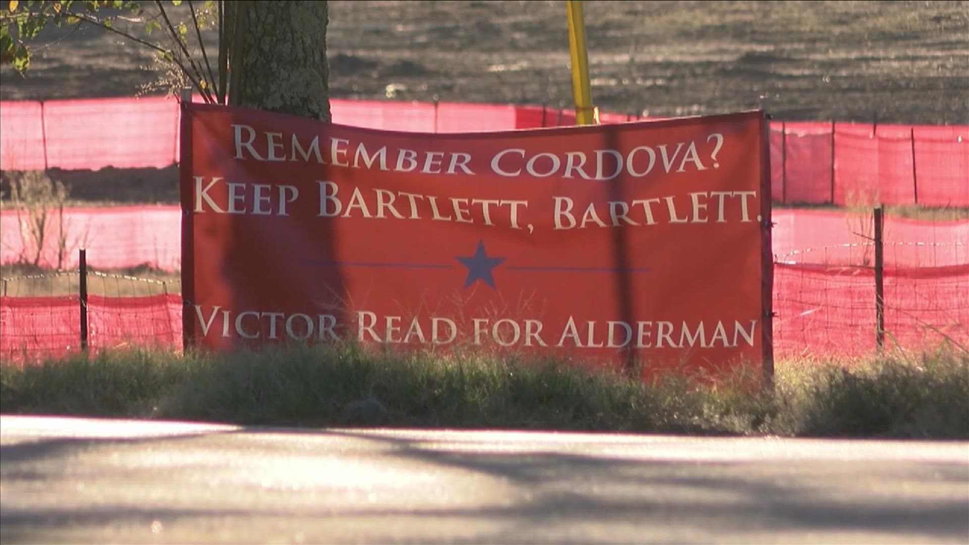One alderman candidate sign states: "Remember Cordova? Keep Bartlett, Bartlett."