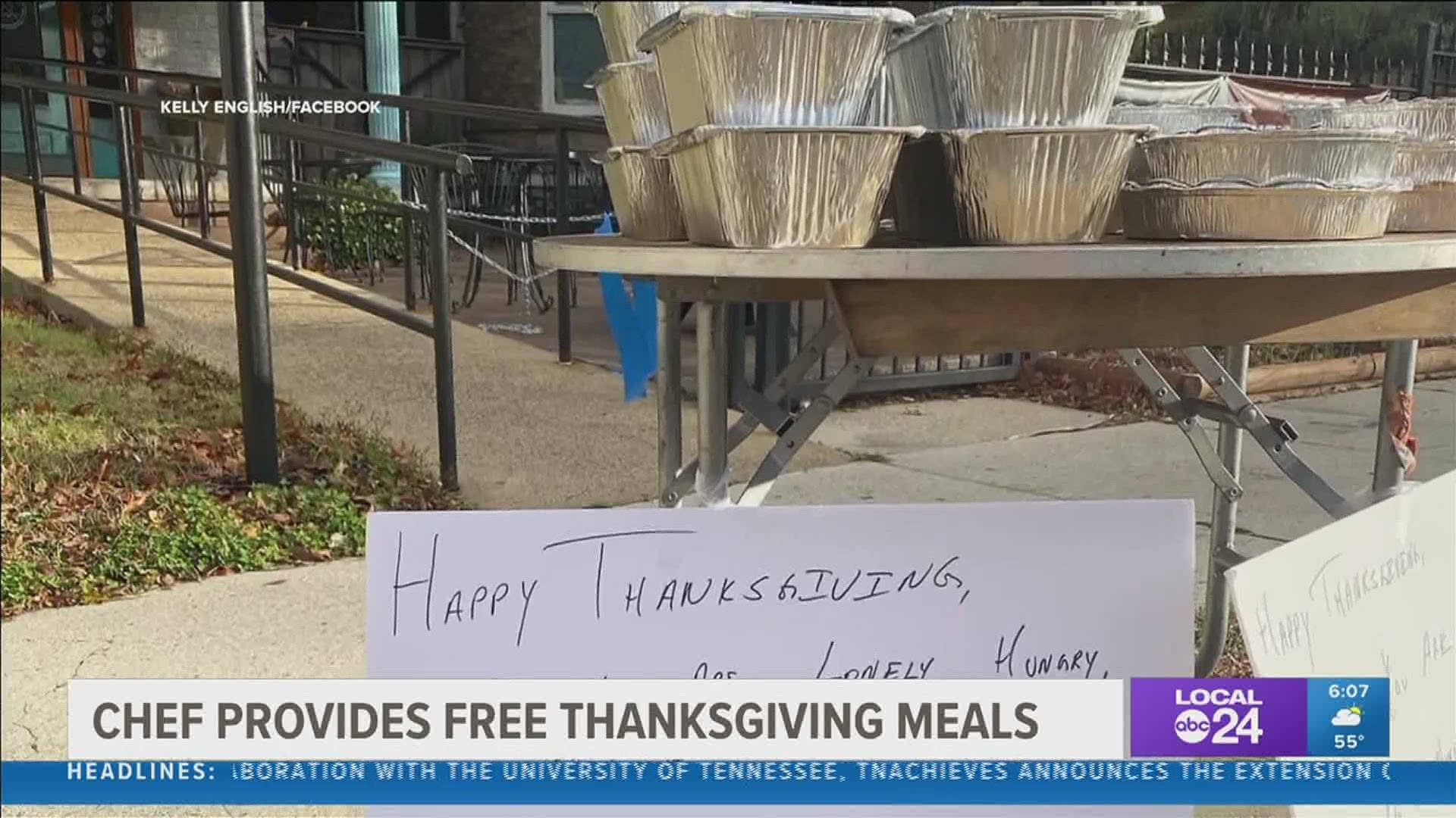 Famed Memphis Chef Kelly English provided free Thanksgiving meals to anyone who wanted one Thursday.