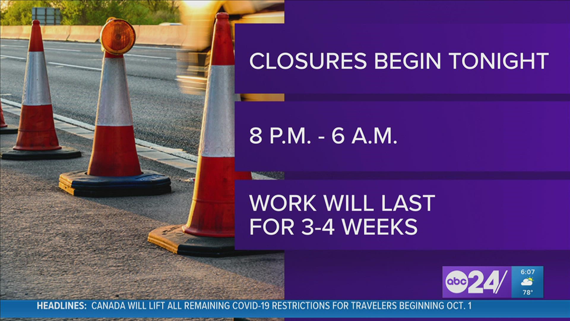 The closures affect all southbound traffic that will shift into the inside northbound lanes.