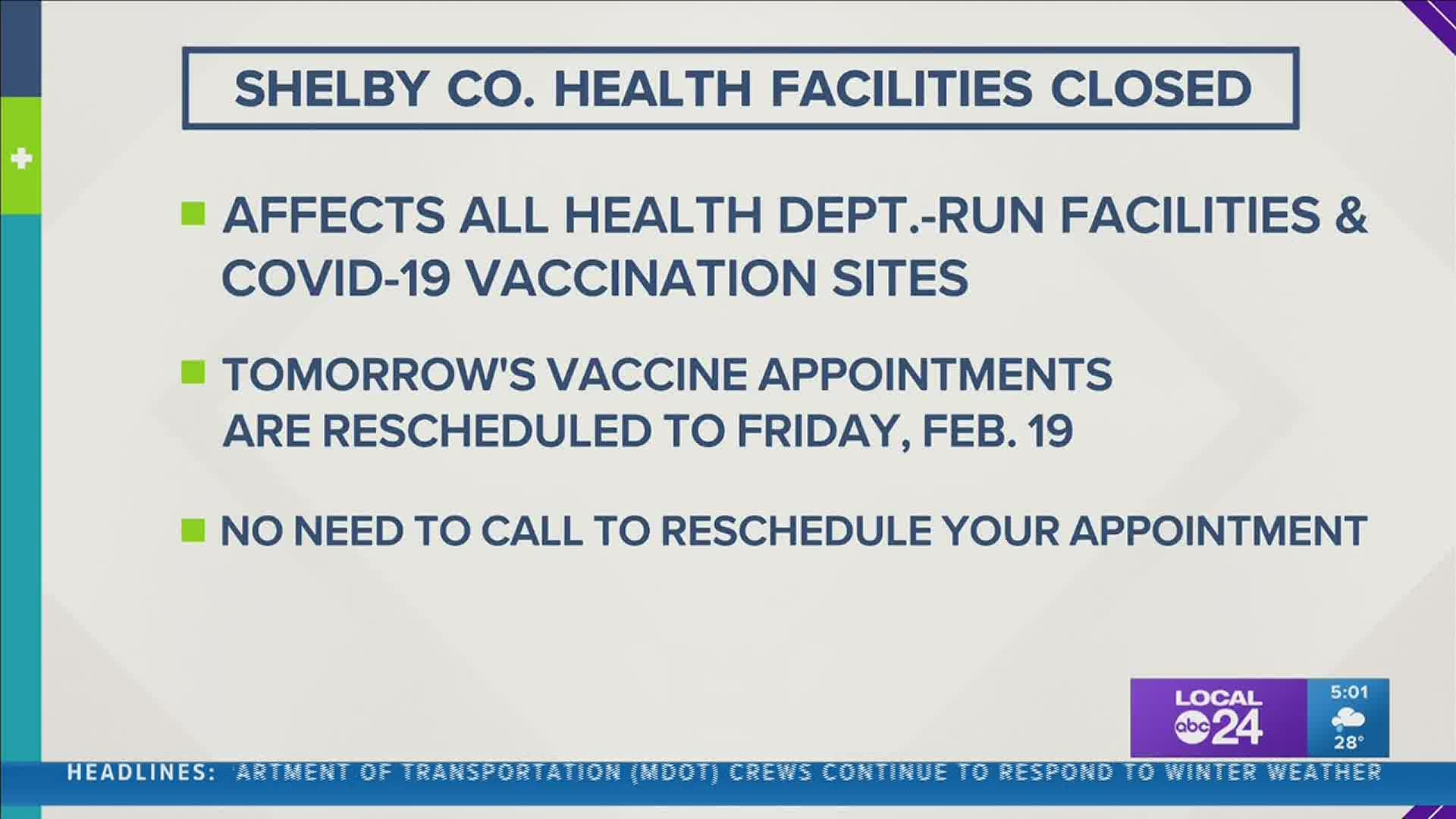 All COVID-19 vaccinations scheduled for Friday, February 12th will be rescheduled to Friday, February 19th.