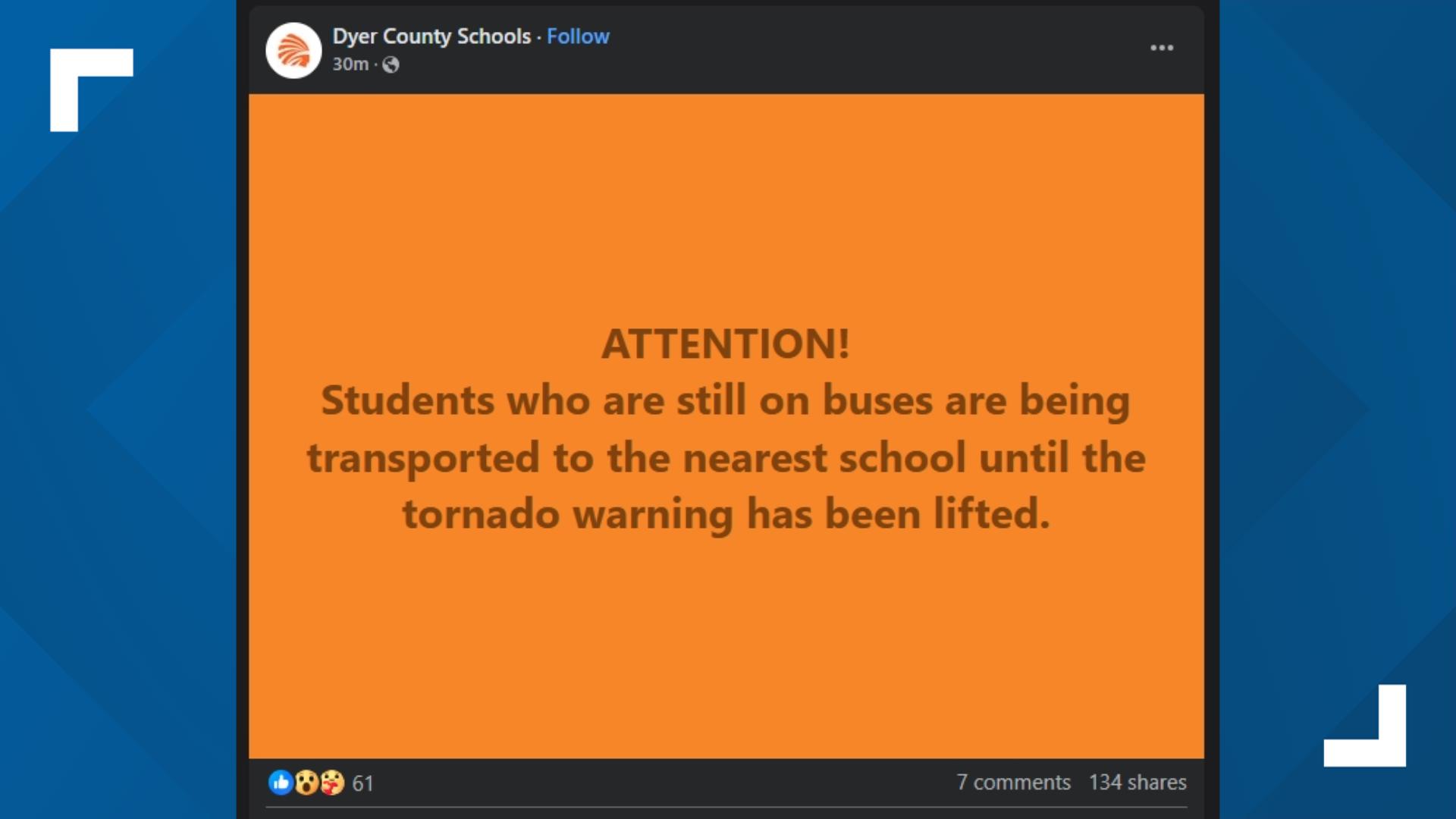First Student Warning Dyer County students rerouted after school due to tornado warning ...