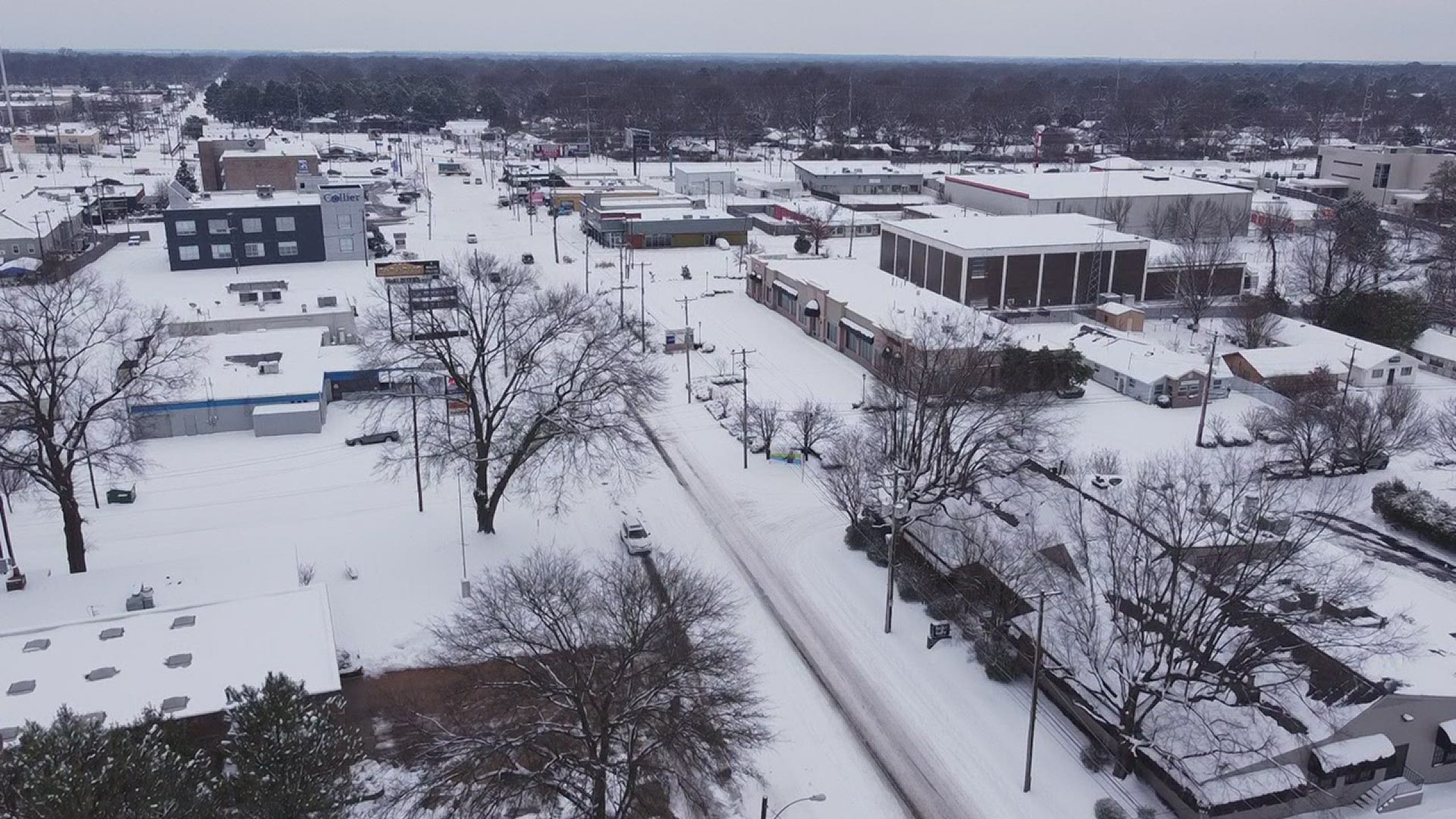 Local 24 News drone video of the snow in east Memphis on Friday, February 18, 2021.