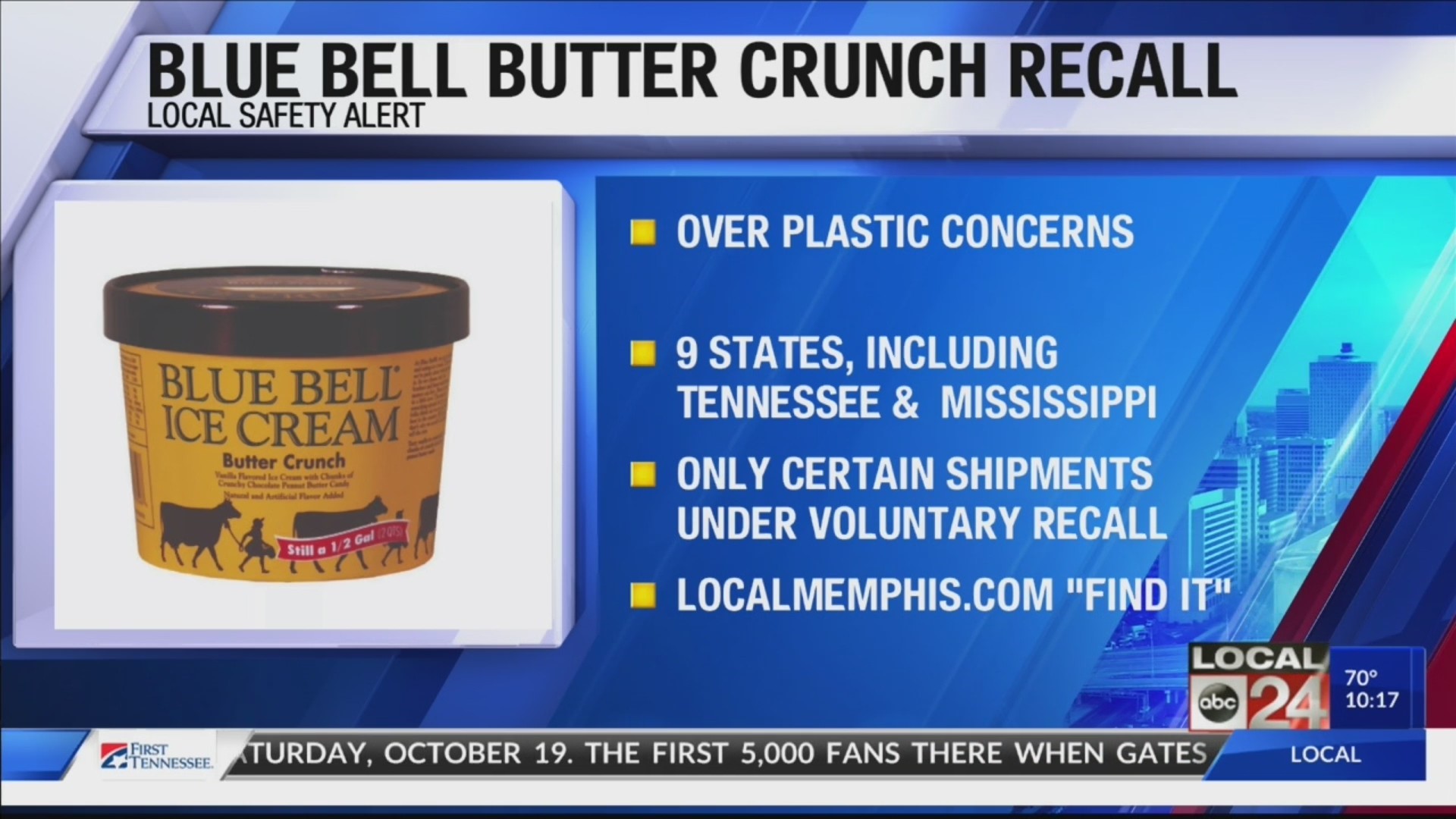 Blue Bell recalls some half-gallons of Butter Crunch Ice Cream due to possible plastic