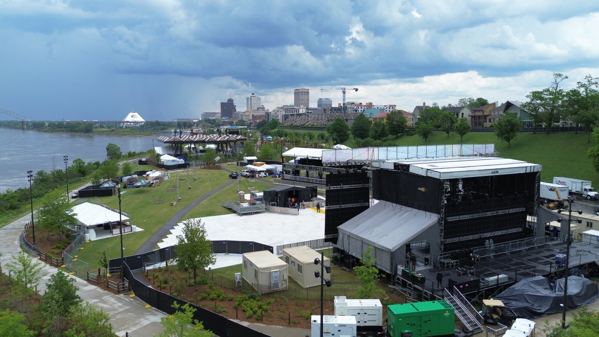 Drone footage of Tom Lee Park as preparations are underway for Riverbeat Music Festival in 2024.