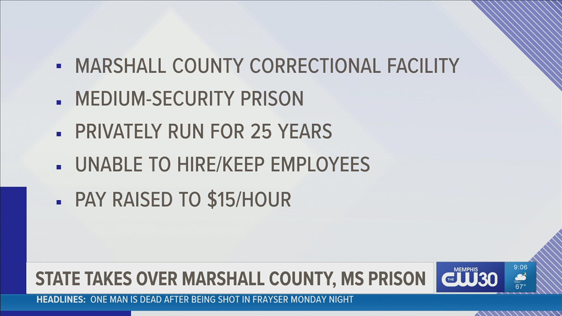 The Marshall County Correctional Facility has been privately run since it opened 25 years ago. Mississippi Department of Corrections is now hiring for the prison.