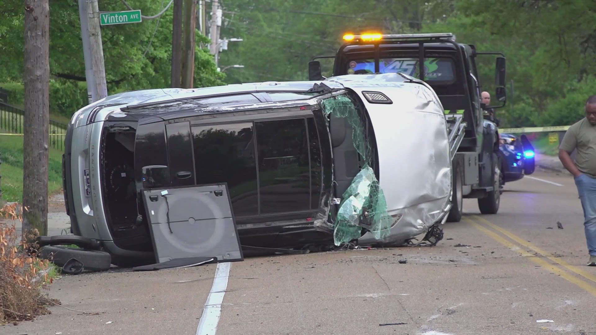 A police chase ends when the SUV involved overturns following a collision with a vehicle.
