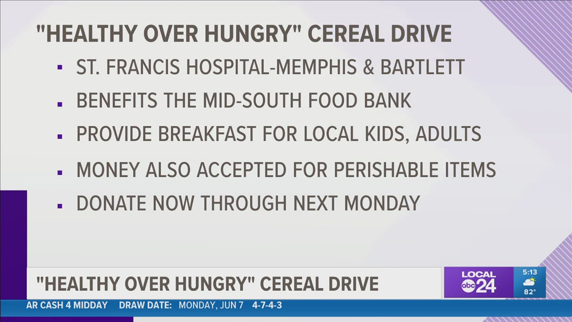 The Healthy Over Hungry® Cereal Drive runs through Monday, June 14. It's an effort to provide kids & adults a healthy breakfast.