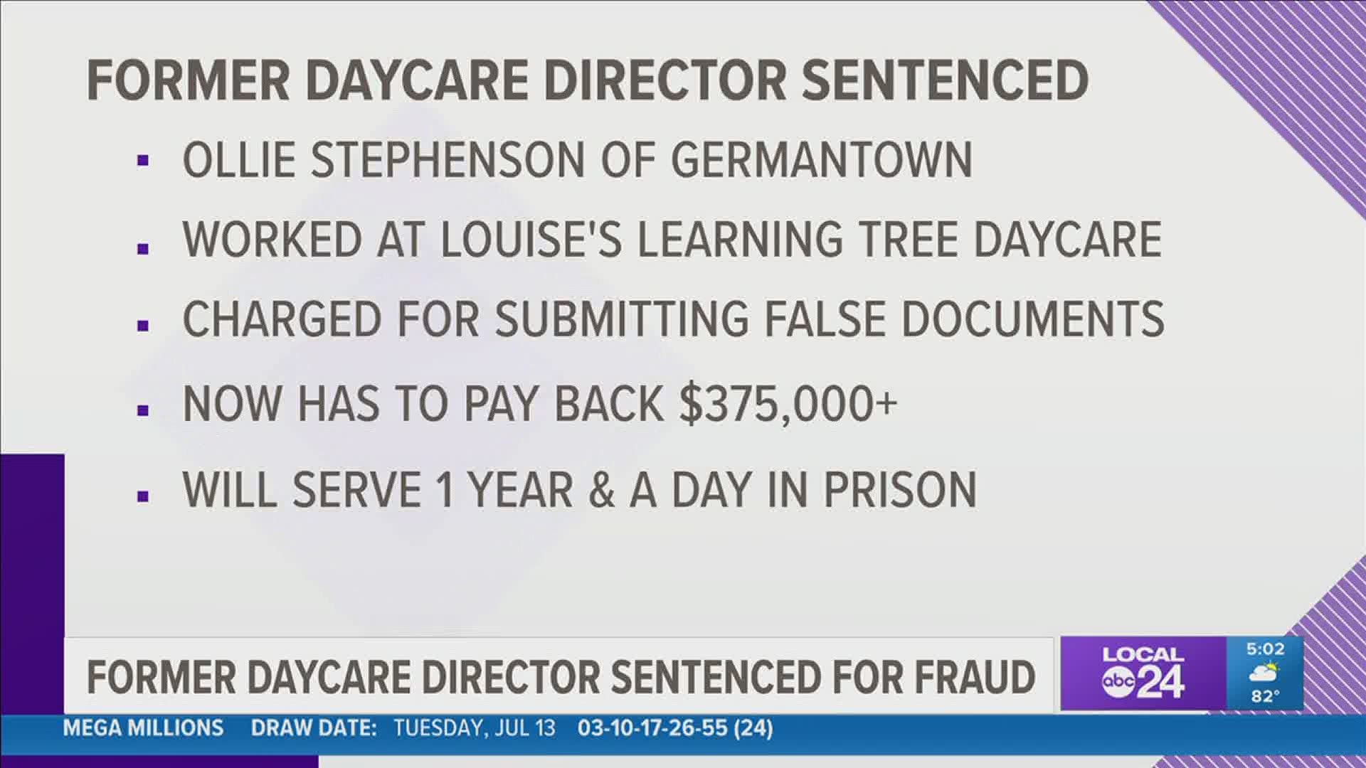 Ollie Stephenson of Germantown worked at Louise's Learning Tree Daycare Center in north Memphis. He has to pay back the money and serve a year in prison.