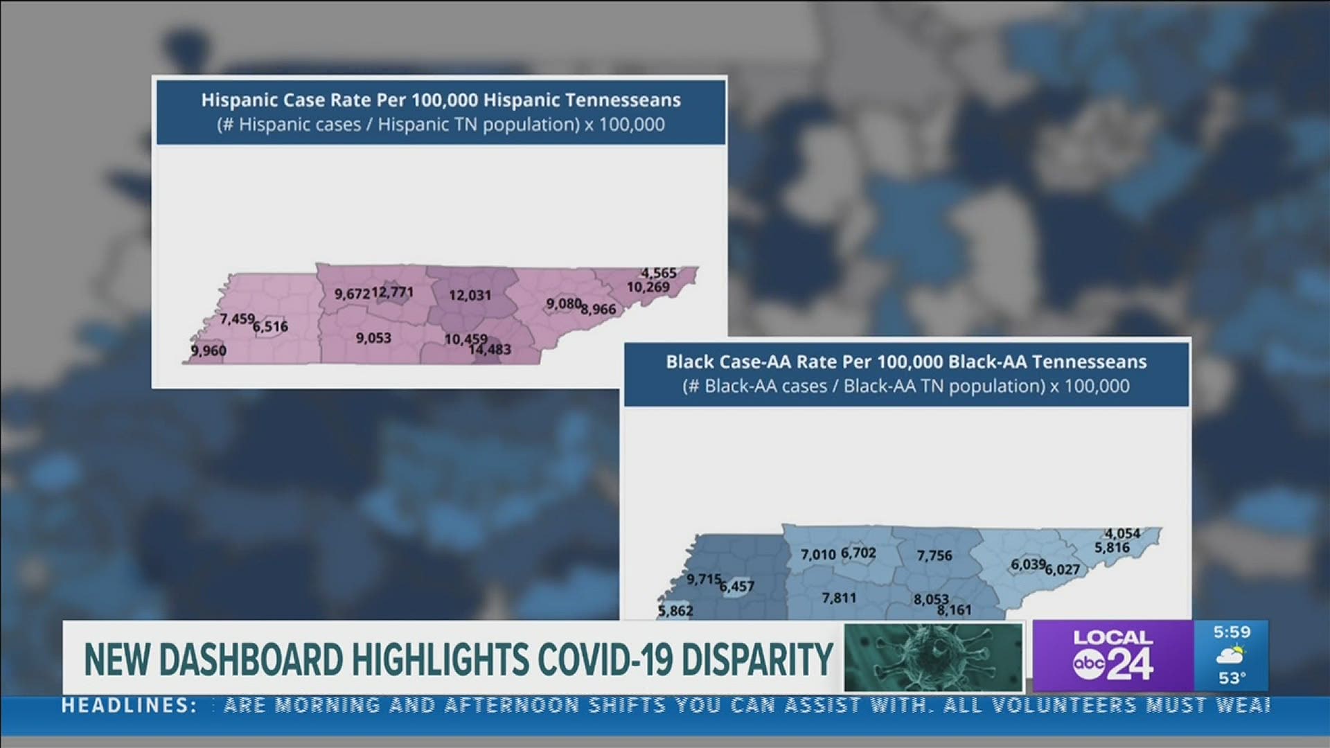 Map of state shows minority cases by zip code across state.