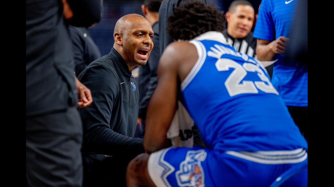 Memphis coach Penny Hardaway calls to his players during the first half of  an NCAA college basketball game against Tennessee Tech, Tuesday, Nov. 9,  2021, in Memphis, Tenn. (AP Photo/Karen Pulfer Focht