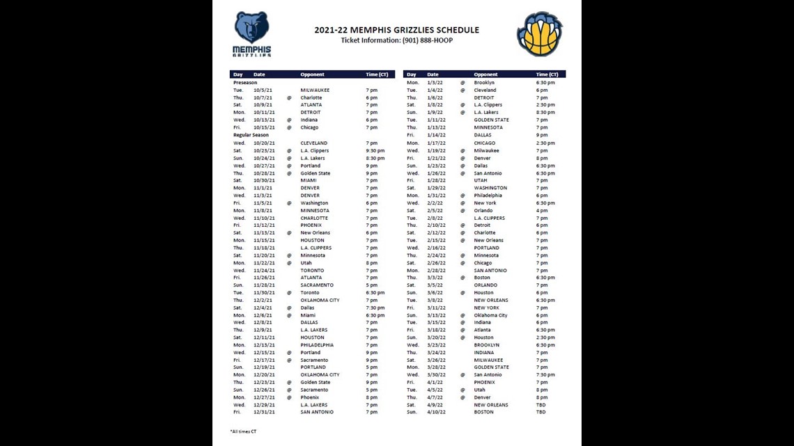 Memphis Grizzlies Schedule 2022 23 Memphis Grizzlies 2021-22 Regular Season Schedule | Localmemphis.com