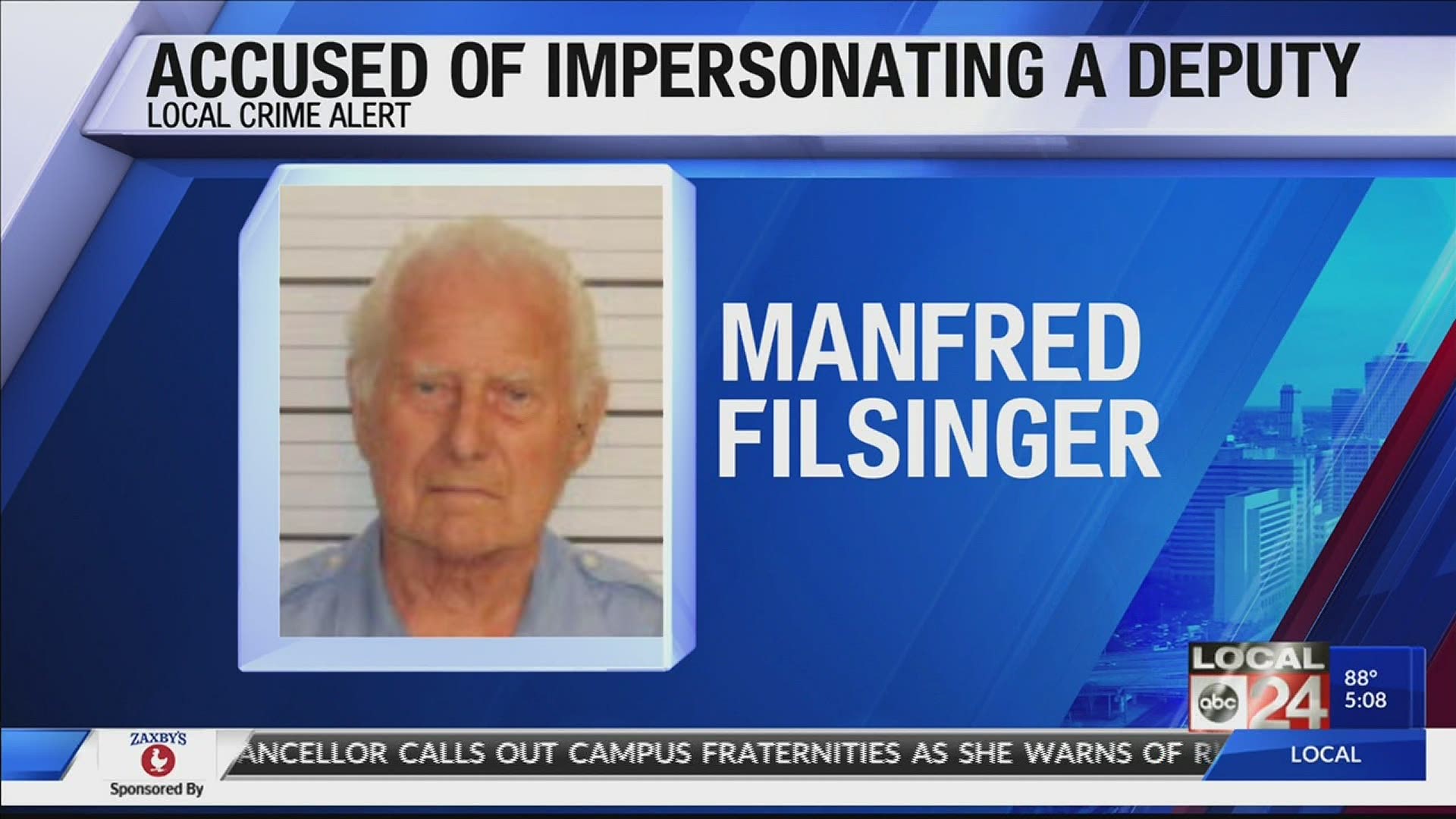 Woman says 85-year-old Manfred Filsinger impersonated a deputy, hit her with a stick.