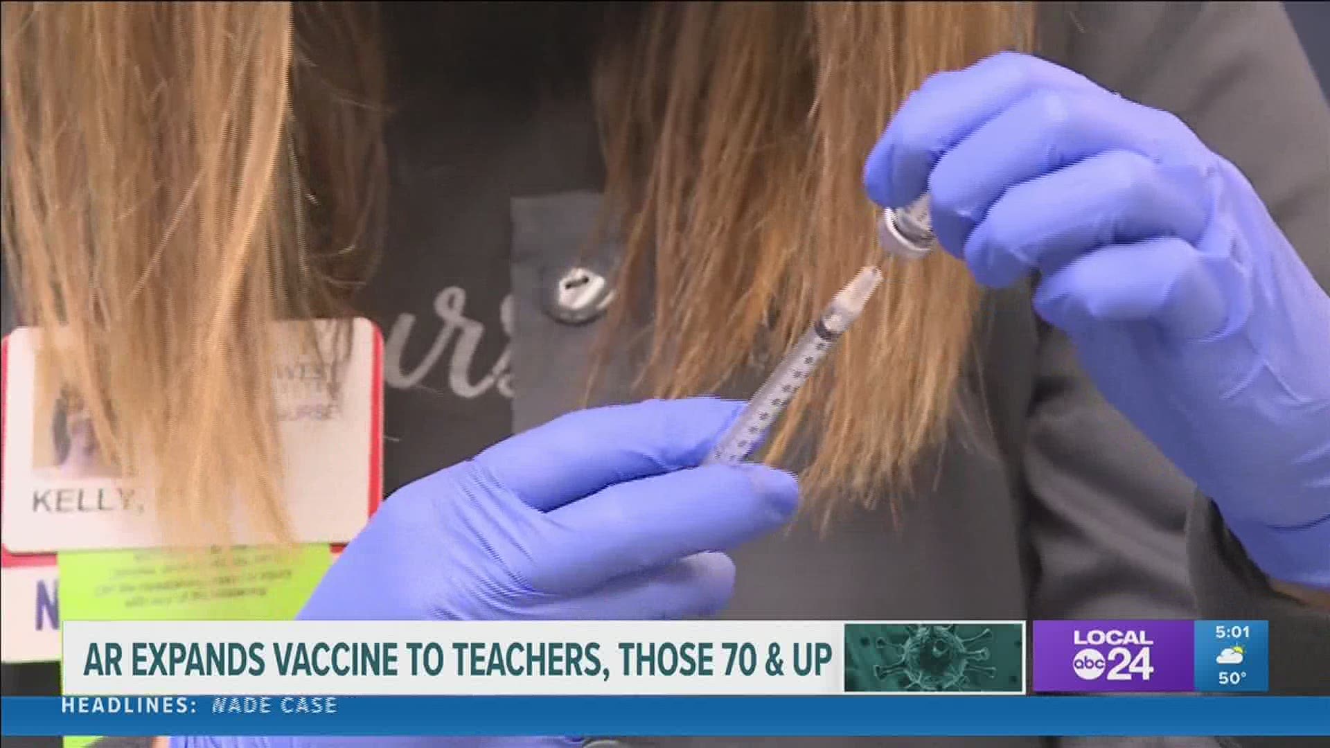 Teachers and people aged 70 and older will be able to get the coronavirus vaccine in Arkansas starting next week.