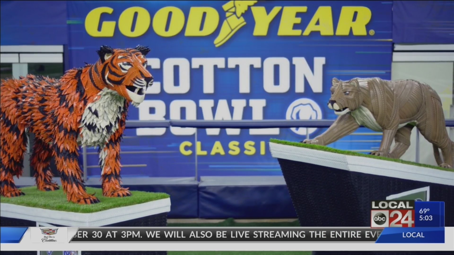 Goodyear unveils Tom the Tiger statue (and a Nittany Lion) made of tires, in honor of Cotton Bowl Classic
