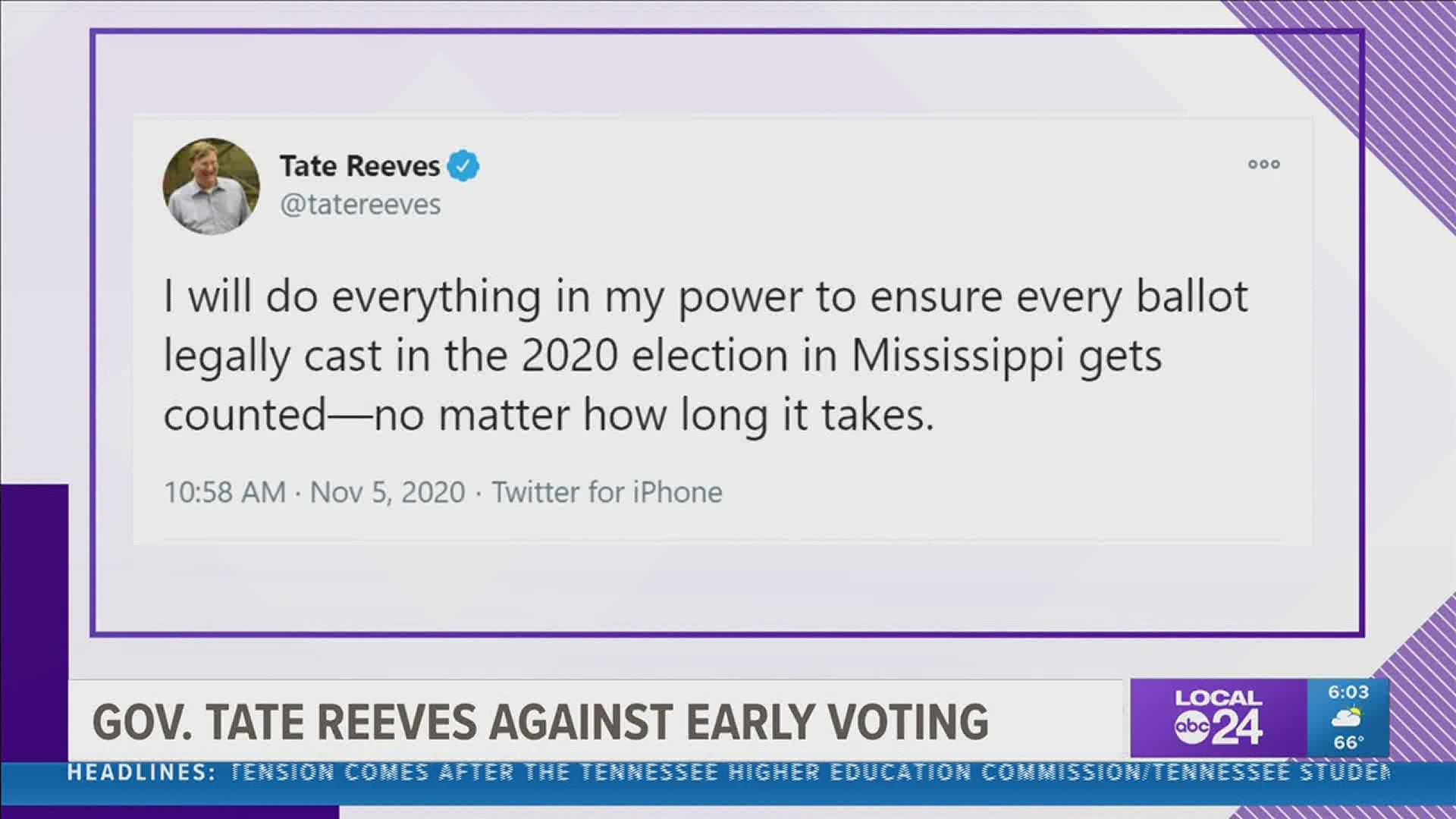 If Gov. Tate Reeves has his way, early voting won’t happen under his watch.