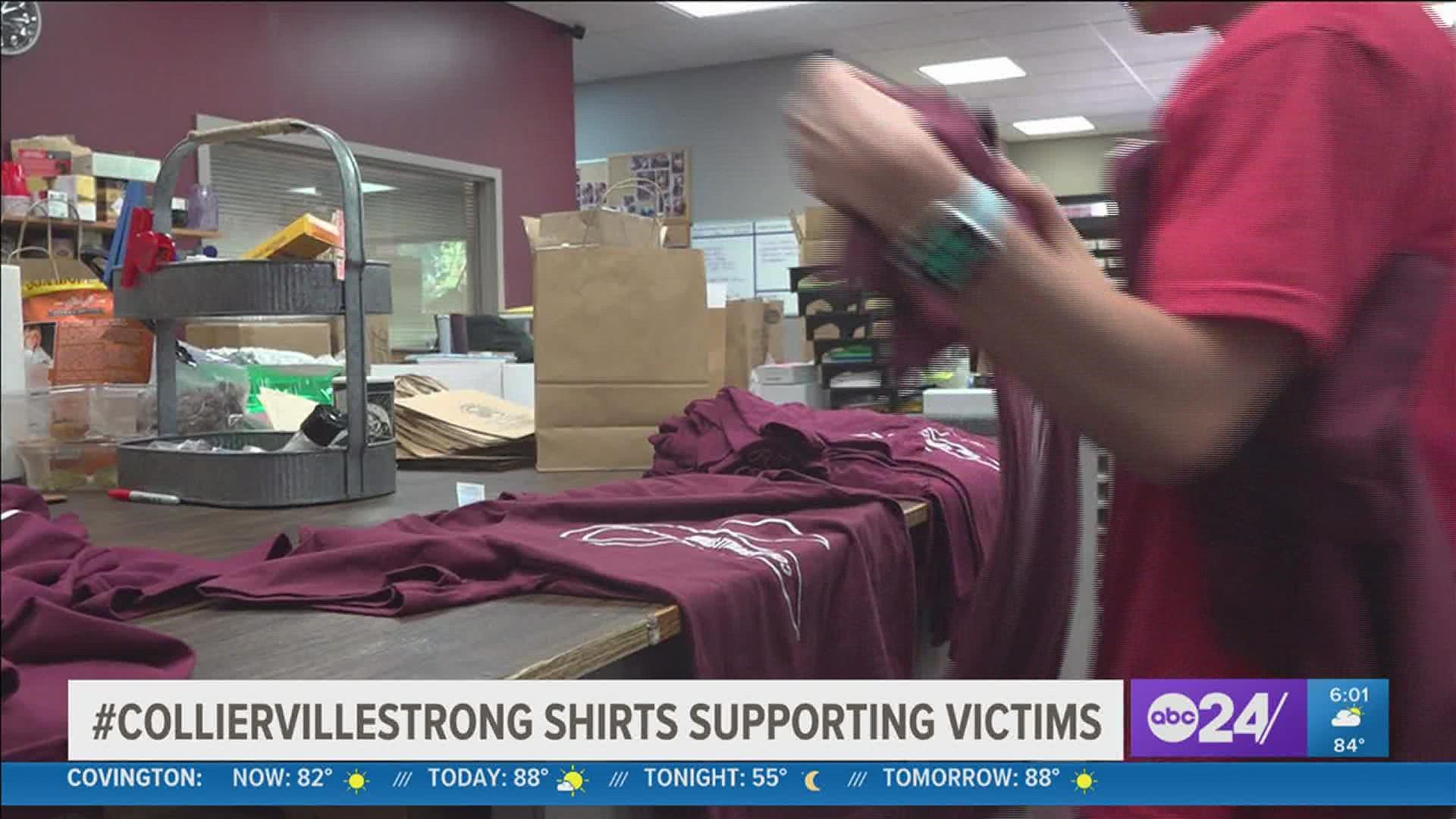 The $20 maroon T-shirts reads "Collierville Strong" on the front.