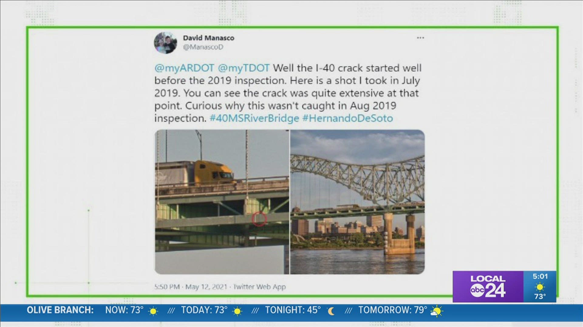 The Verify Team reached out for answers after a viral Twitter post claimed to have pictures of the "crack" in the Memphis bridge prior to last inspection in 2019.