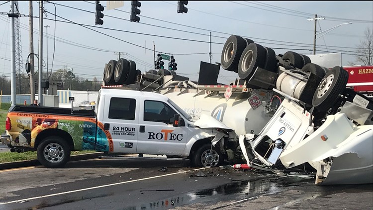 KFD: 2 sent to hospital after overturned tanker truck spills fuel on Liberty St. at Middlebrook Pike