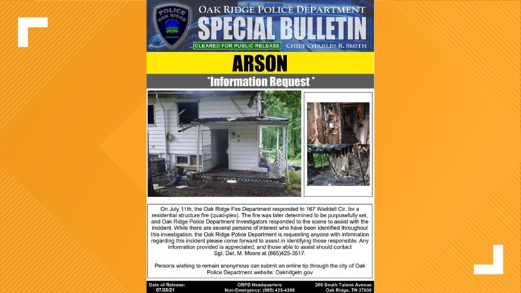 Oak Ridge Police Department asking for help finding arson suspect