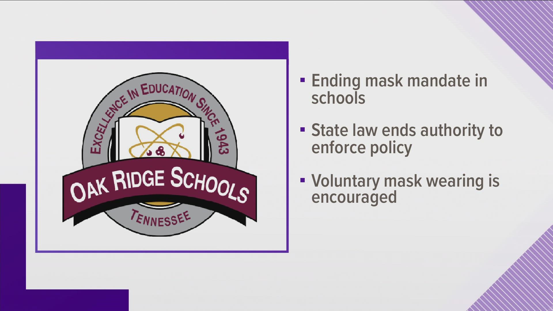 In a message to parents, the school district said legislation signed by Governor Bill Lee doesn't allow it to enforce a mask mandate policy.
