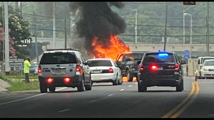 Two taken to hospital after vehicle catches fire after crash on Tazewell Pike