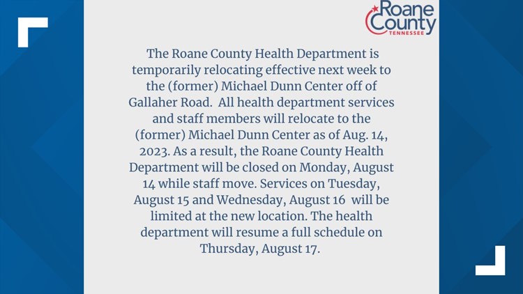 Roane Co. Health Dept. to temporarily relocate starting Aug. 14