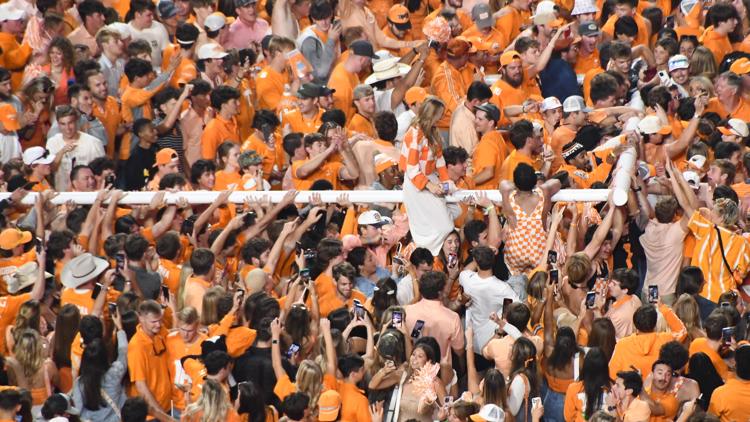 Vol fans storm Neyland and tear down the goalposts again after defeating Alabama