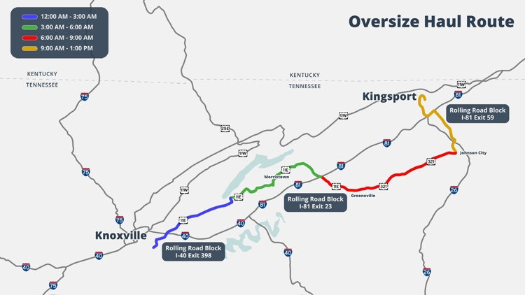 TDOT: Rolling roadblocks expected Wednesday morning from Knoxville to Kingsport for oversized haul