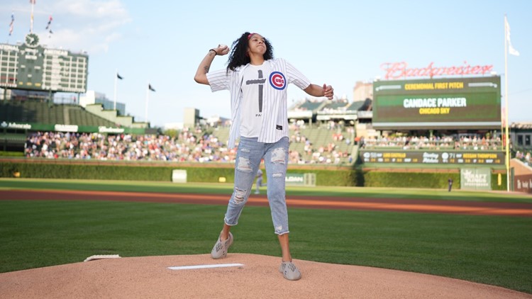 Candace Parker throws out the first pitch at Chicago Cubs game