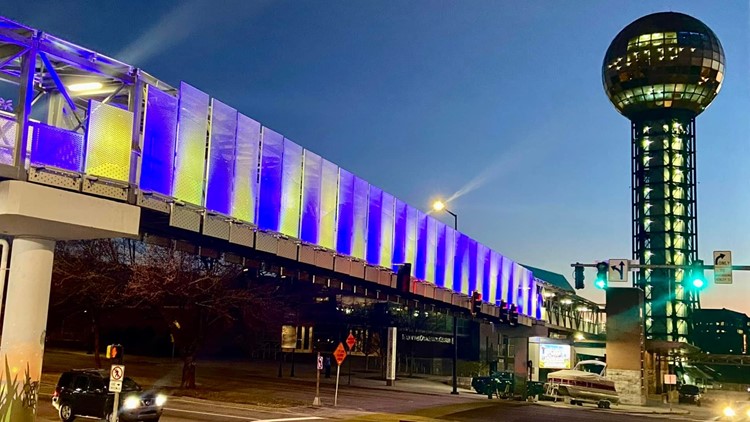 Knoxville shows support for Ukraine, lighting up downtown walkway blue and yellow