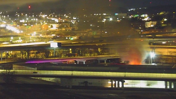 KFD: Tire fire sends plume of smoke over Broadway viaduct in downtown Knoxville, no injuries reported