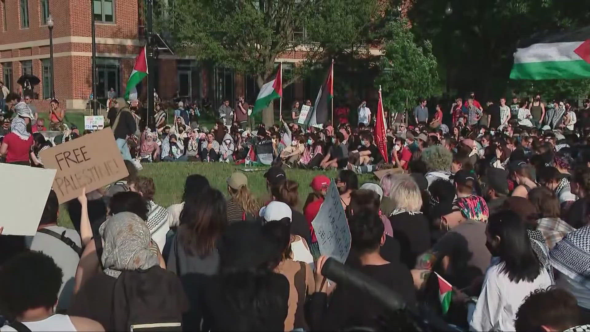 Many attendees came to the protest with signs and flags in support of Palestine.