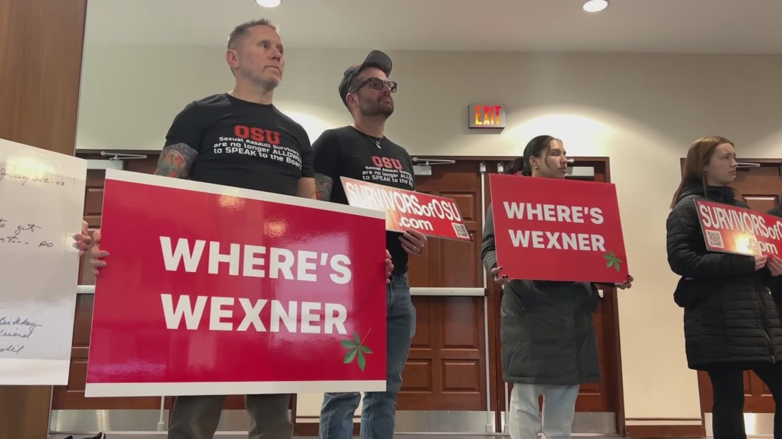 Survivors of Richard Strauss protest outside Ohio State trustees meeting