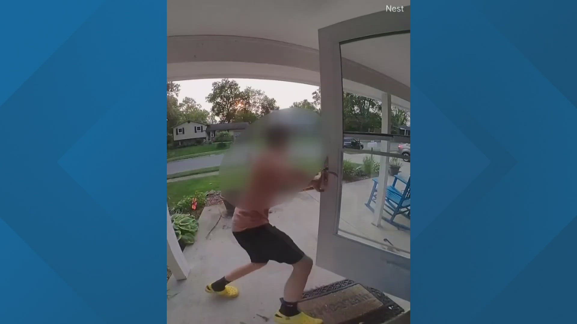 Video shows one teenager running up to someone's home, kicking the door and running away.