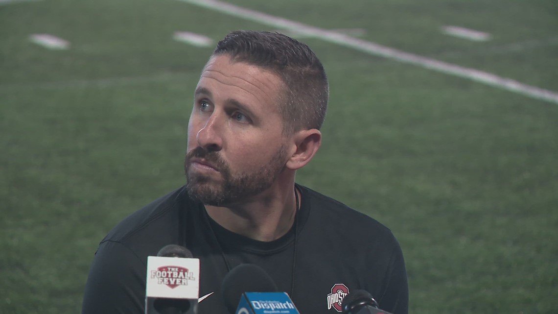 Ohio State offensive coordinator Brian Hartline discusses start of spring practices