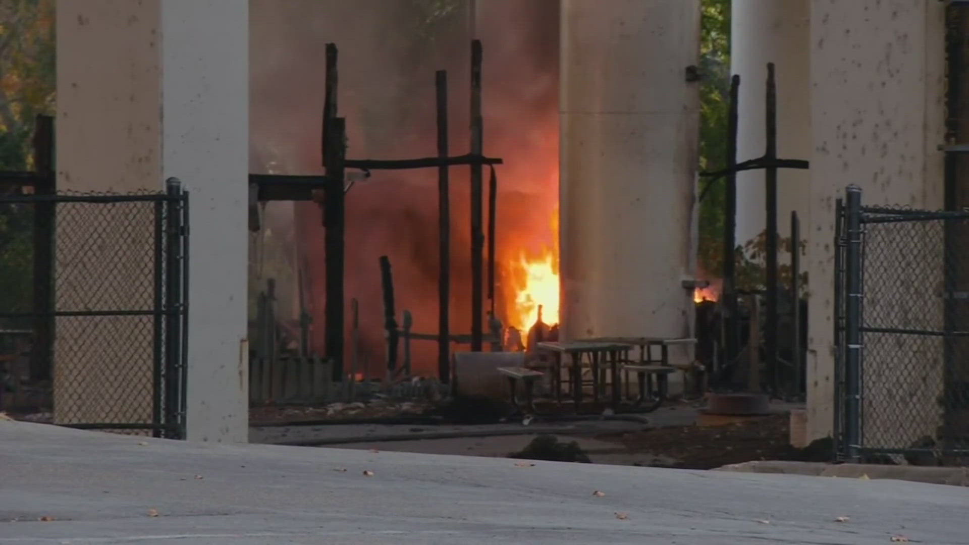 Video showed flames soaring more than 40 feet into the air and igniting a short section of the bridge, known for its yellow arches, near downtown Cincinnati.