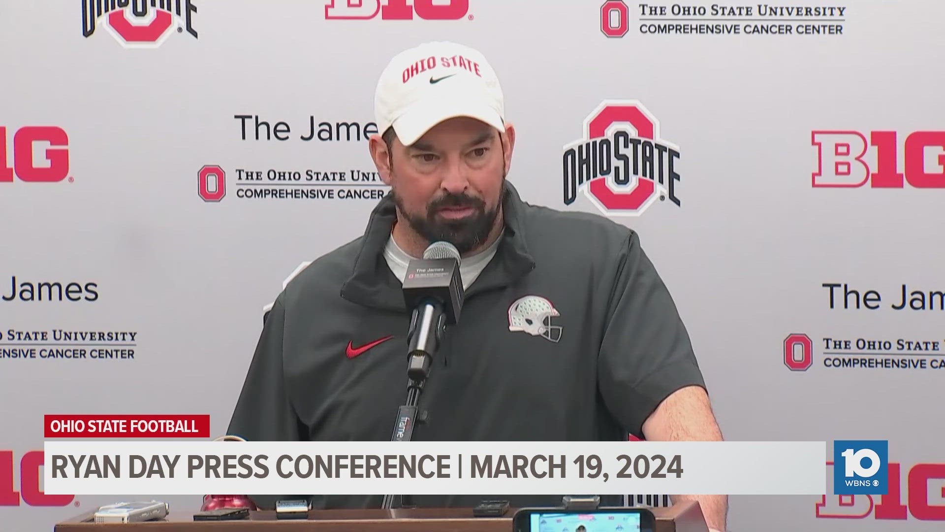 Ohio State head coach Ryan Day speaks with the media as the Buckeyes begin their second week of spring practice.