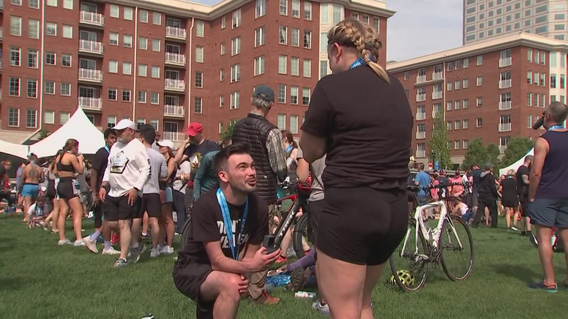 10TV Chief Meteorologist Jerry Martz's daughter Jenna was surprised with a proposal after finishing the Capital City Half Marathon this morning.