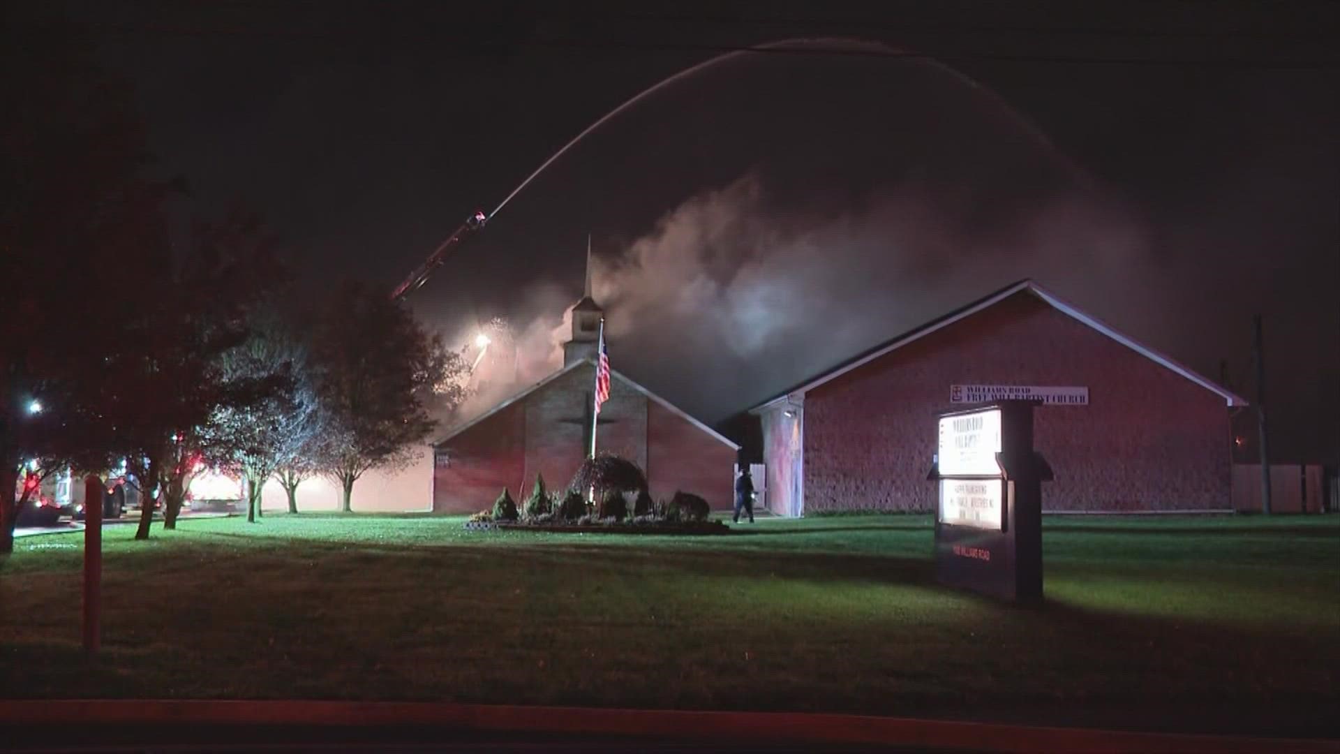 A fire tore through the ceiling of Free Will Baptist Church on Sunday evening.