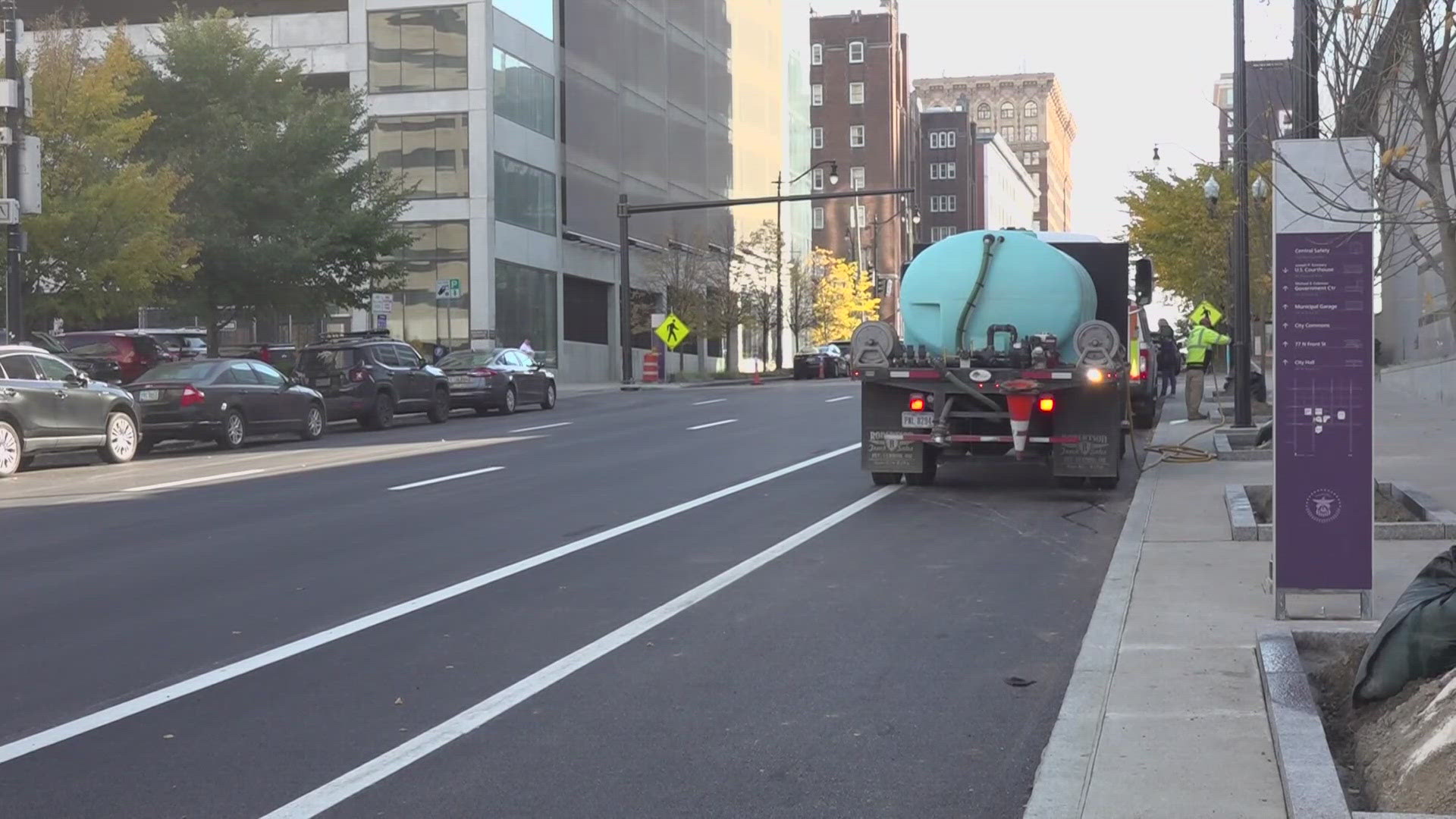 Starting at 9 a.m. Tuesday, Front Street in downtown Columbus will transform from a one-way street to a two-way street.