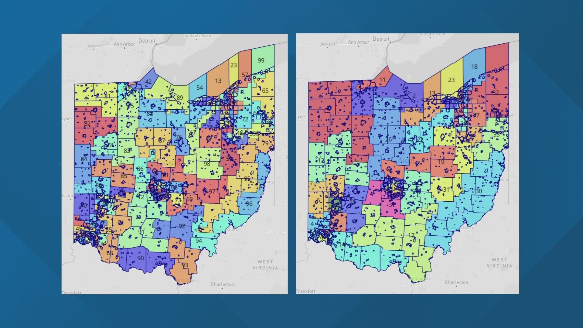 The maps show a Republican advantage of 61-38 in the Ohio House and a 23-10 advantage in the Ohio Senate.