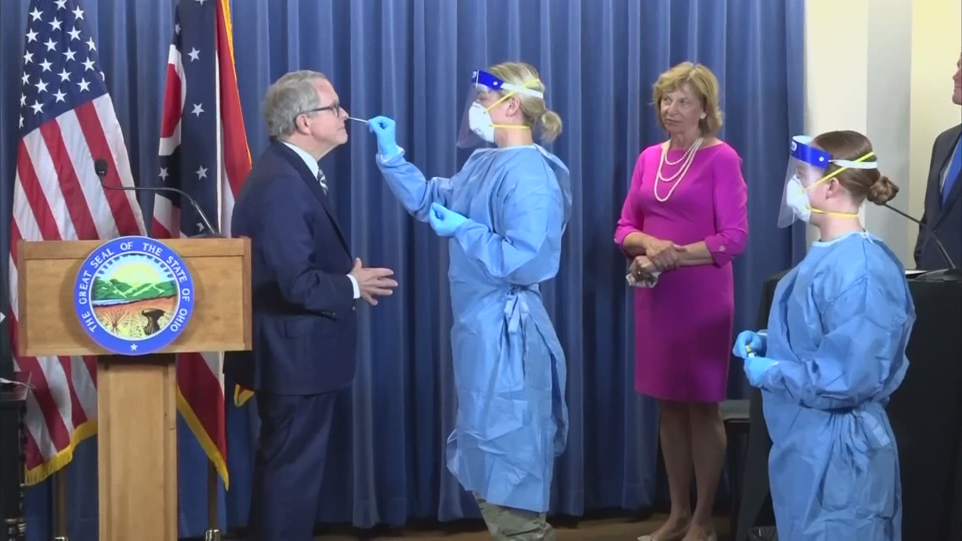 Gov. Mike DeWine, along with his wife Fran and Lt. Gov Jon Husted, got tested for the virus during the live briefing Tuesday.