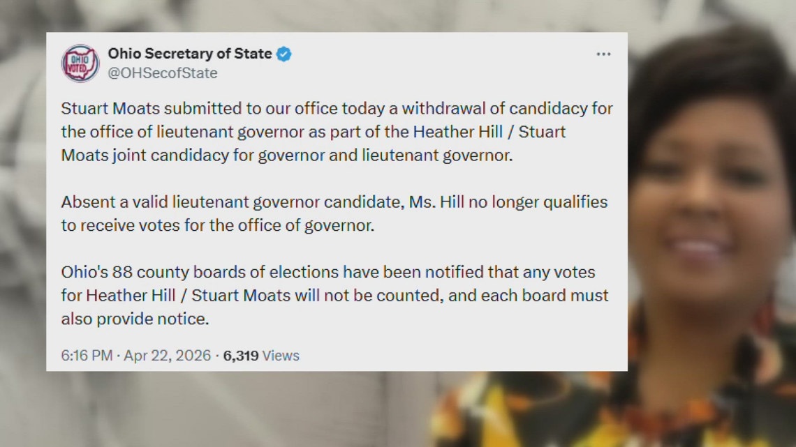 Ohio governor candidate Heather Hill disqualified after running mate drops out