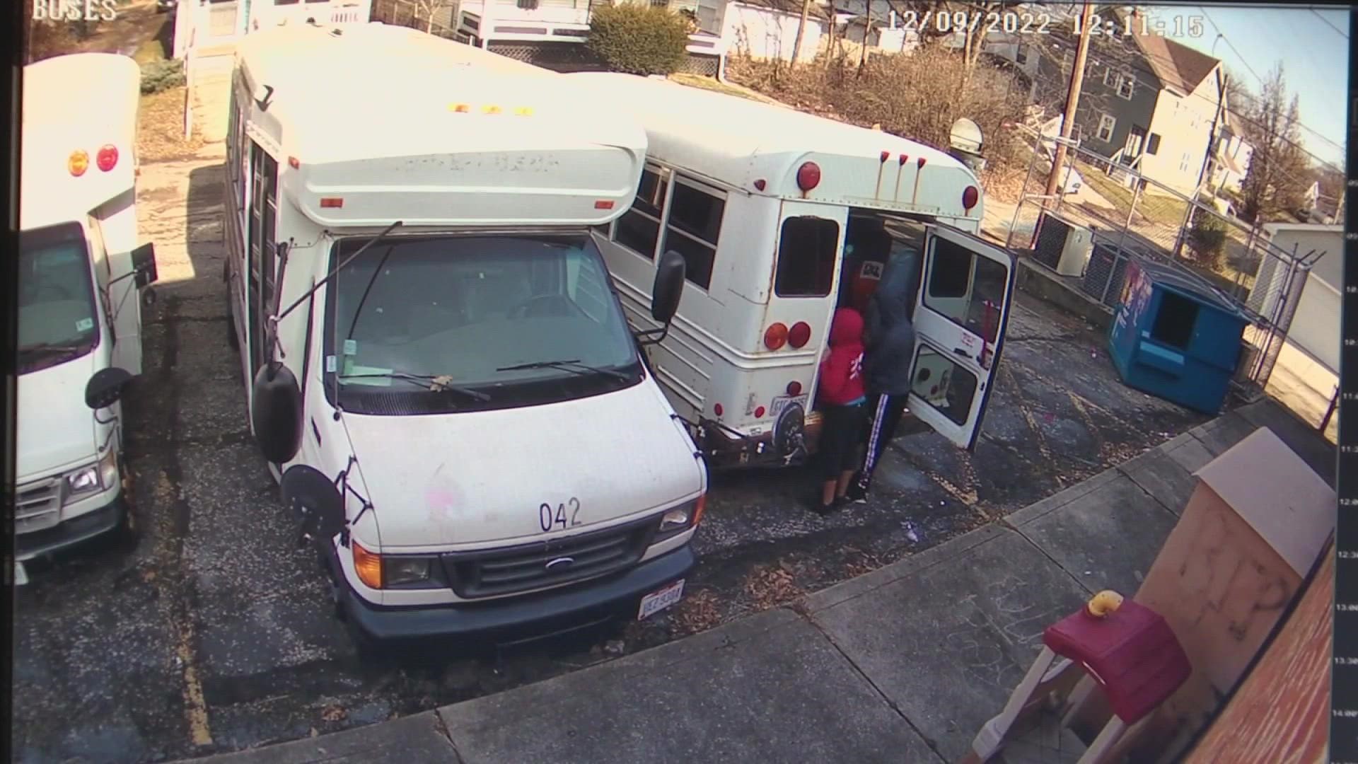 Three people vandalized three buses at Indigo Children's Center by spray painting and busting the windows.