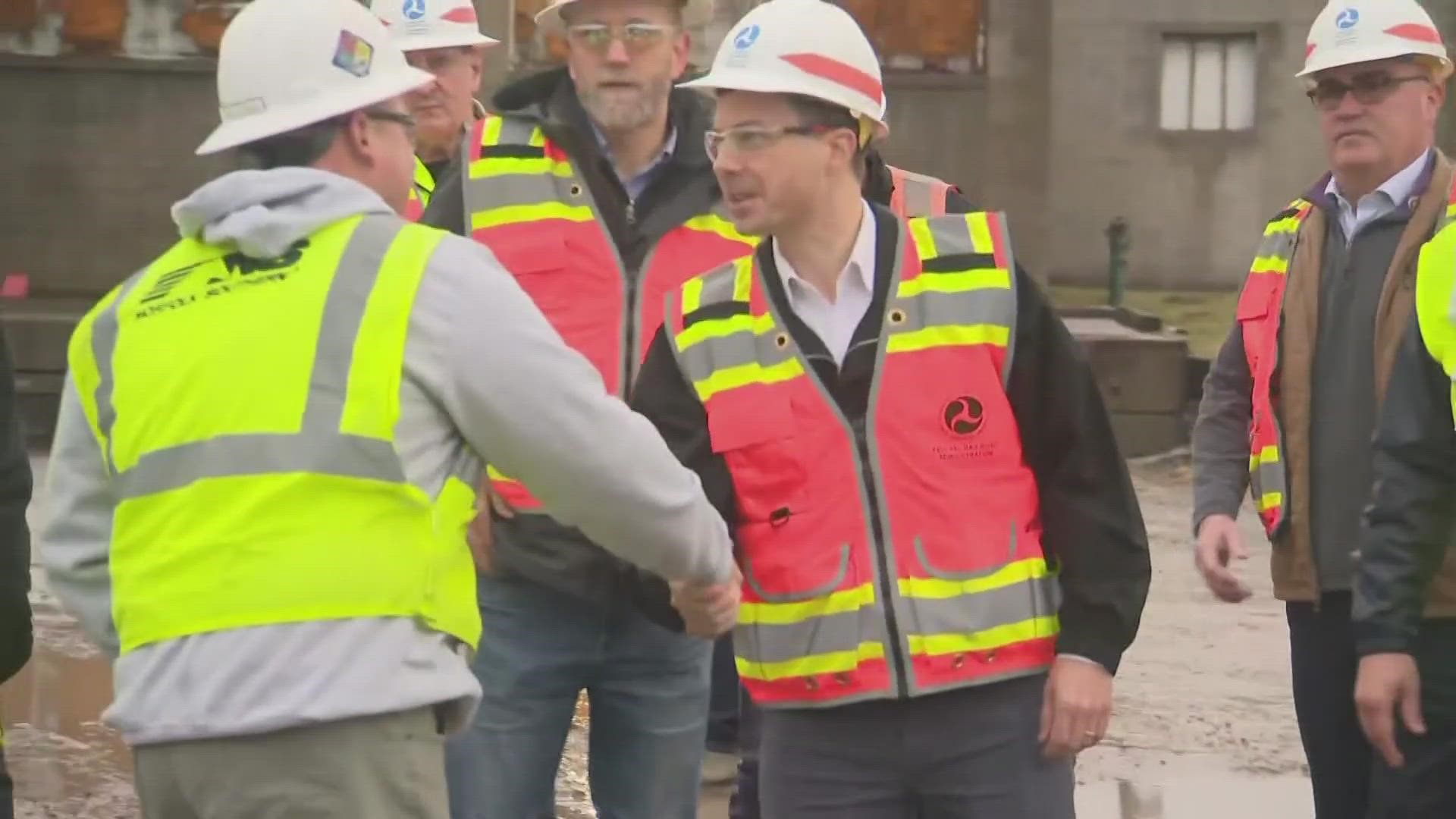 Transportation Secretary Pete Buttigieg visited East Palestine, Ohio, on Thursday to tour the site where a train wrecked nearly three weeks ago.