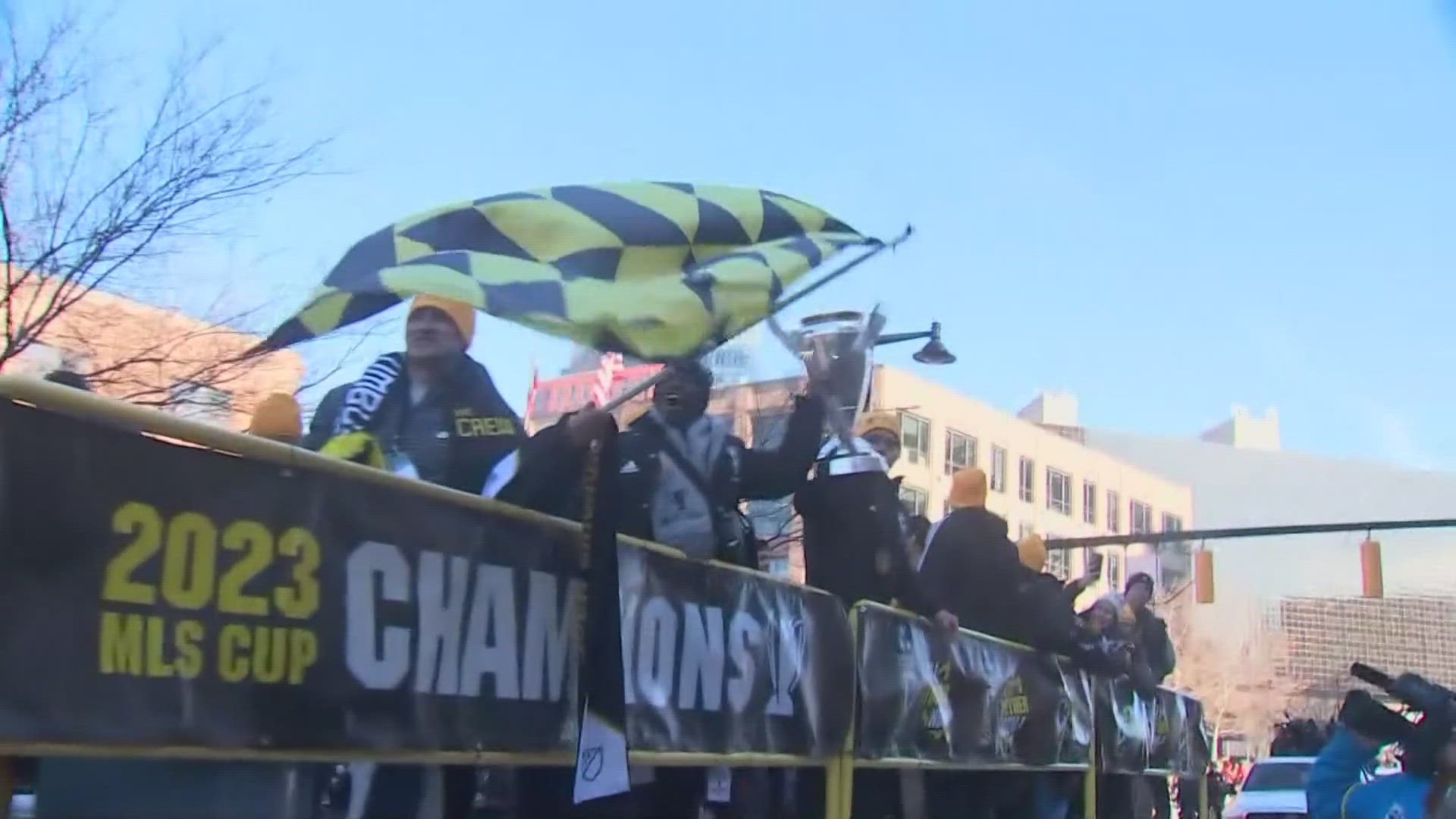 The Columbus Crew and fans have gathered in the Arena District to celebrate the Columbus Crew's third MLS Cup championship!