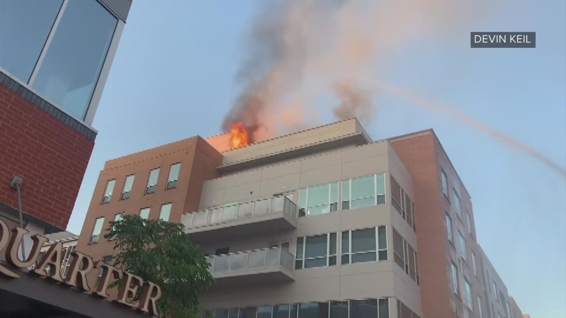 The fire started in the residential deck area on the roof of the apartments above Urban Meyer's Pint House on Longshore Street.