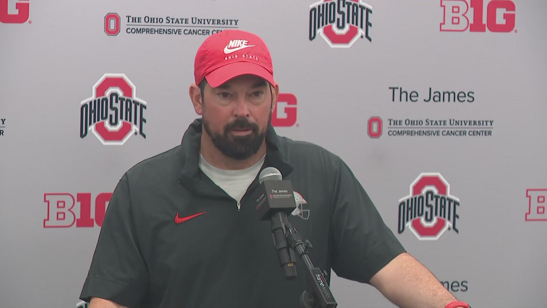 Ohio State head coach Ryan Day discusses the Buckeyes upcoming spring game and the current status of the quarterback competition.